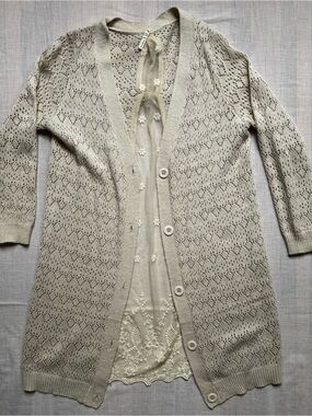POL Light Beige Openwork Button-Front Knit Cardigan